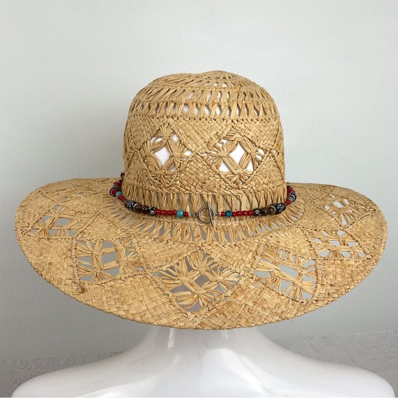 Vintage straw open weave sun hat with custom beaded band M/L beach resort wear - Picture 5 of 12